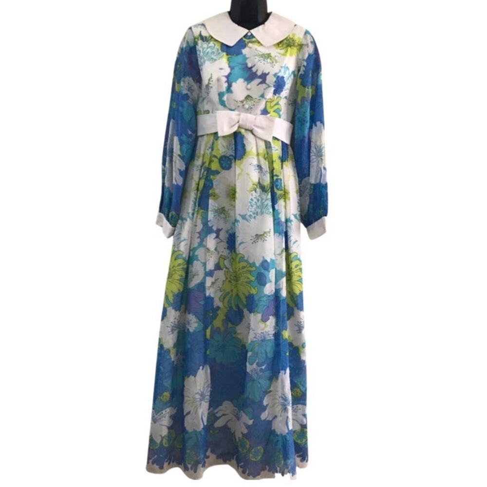 70s Blue Floral Maxi Dress Small